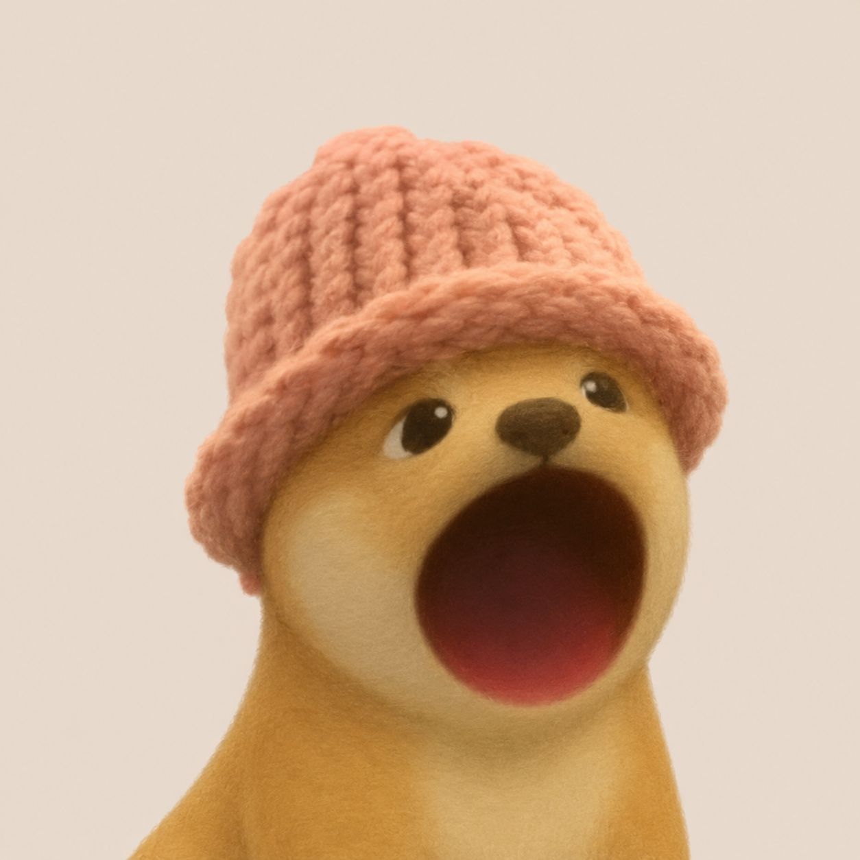 Popwifhat screaming in a little pink knit hat